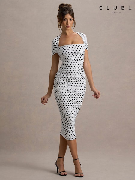 Club L London White Paxos Polka Dot Ruched Short Sleeve Midi Dress (W29976) | € 109