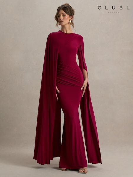 Club L London Red Magdelena Asymmetric Cape Maxi Dress (W29980) | €108