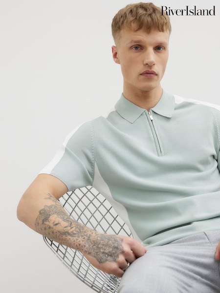 River Island Green Blocked Knit Polo Shirt (W30044) | 178 QAR