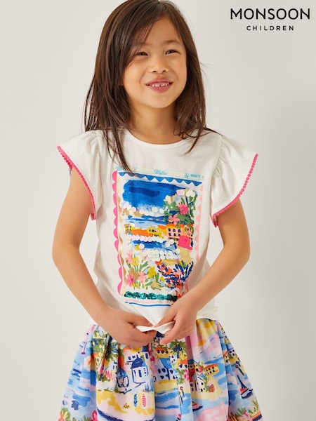 Monsoon White Resort Scene Embellished 100% Cotton T-Shirt (W30053) | $43 - $52