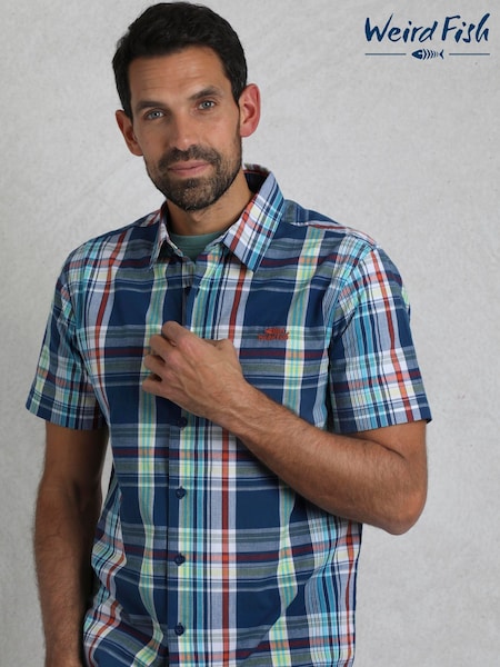 Weird Fish Aqua Blue Judd Short Sleeve 100% Cotton Check Shirt (W30084) | €50