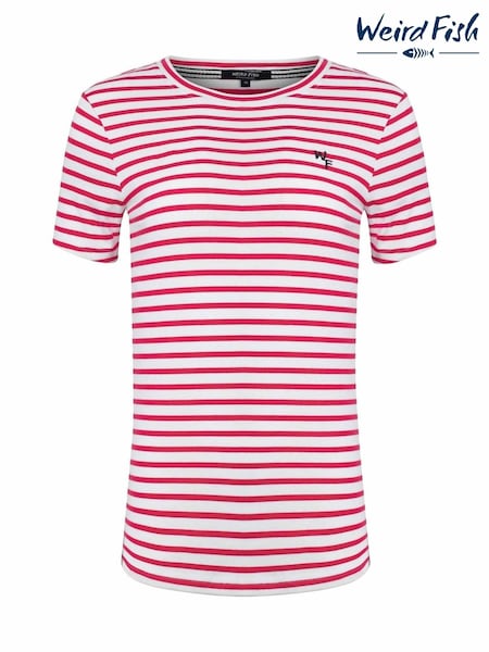 Punainen - Weird Fish Natalie Striped Round Neck Short Sleeve 100% Organic Cotton Top (W30120) | €47