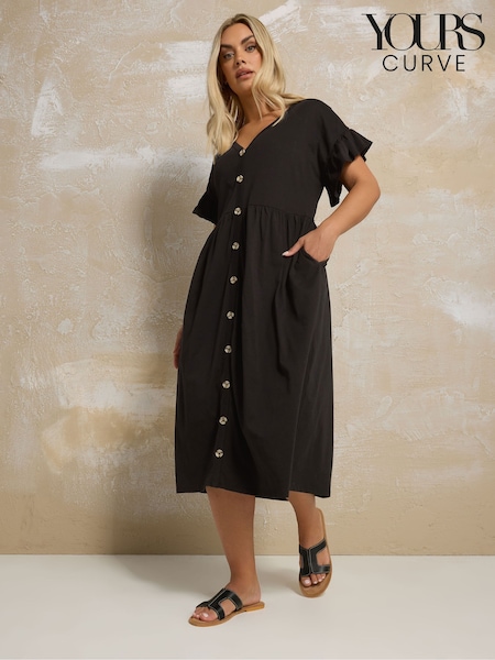 Yours Curve Black Frill Sleeve Button Peplum Dress (W30144) | €40