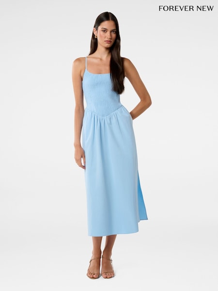 Forever New Blue Dylan Shirred 100% Cotton Midi Dress (W30162) | €147