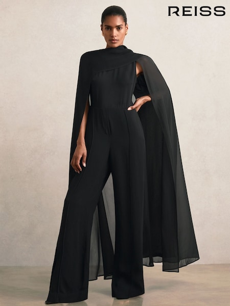 أسود - Reiss Farley Wide-Leg Cape Jumpsuit (W30187) | ‏2,506 د.إ.‏