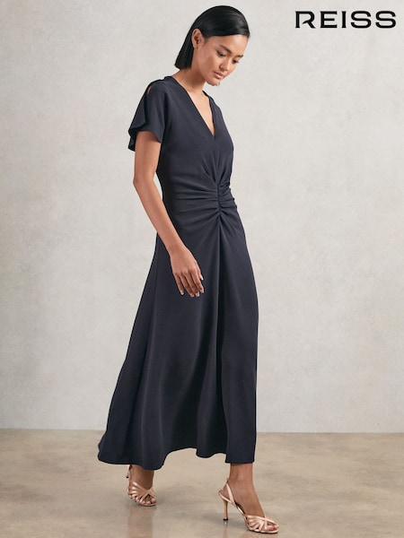 Navy - Reiss Rowe Ruched-Front Midi Dress (W30199) | 1,898 LEI