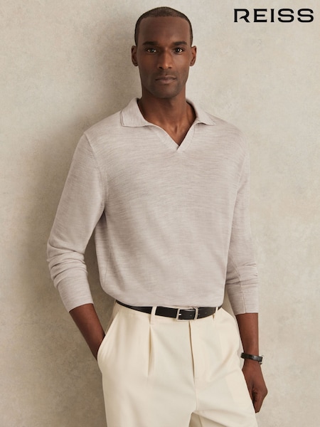 Reiss Wicker Brown Melange Milburn Merino Wool Open-Collar Polo Shirt (W30204) | €142