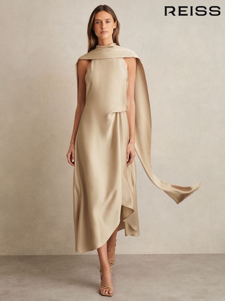 Reiss Champagne Neutral Michelle Satin Tuck-Detail Cape Midi Dress (W30206) | €245