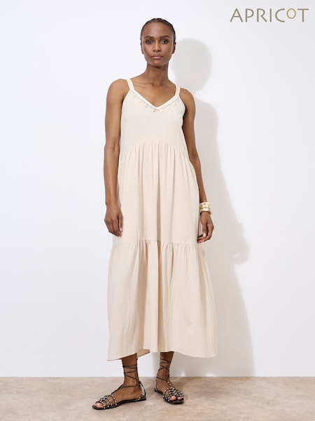 Apricot Natural Shell Detail Tiered 100% Cotton Midaxi Dress (W30503) | €59