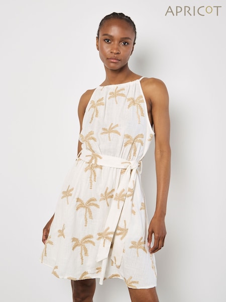 Apricot Cream Embroidered Palm Halter Neck Midi Dress (W30511) | €58