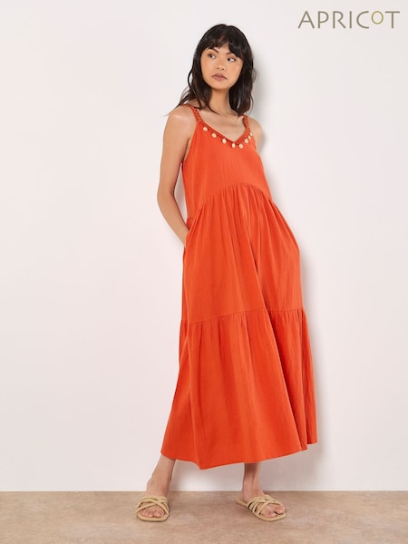 Apricot Orange Shell Detail Tiered 100% Cotton Midaxi Dress (W30513) | €59