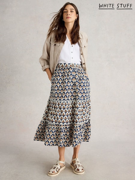 White Stuff Ariel Mix Print Midi 100% Organic Cotton Skirt (W30533) | ‏373‏₪