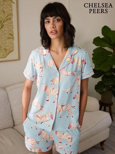 Chelsea Peers Blue Boho Stripe Zebra Print Short Pyjamas Set (W30603) | R$ 345
