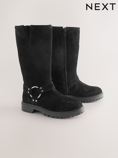 Black Suede Water Repellent Knee High Biker Boots (W30653) | 223 QAR - 257 QAR