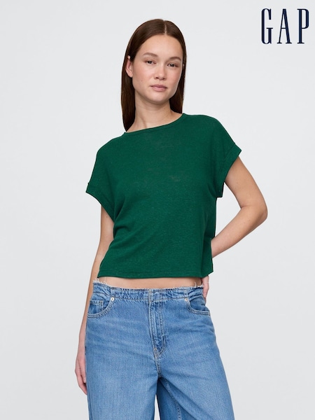 Gap Dark Green Linen-Blend Roll-Cuff T-Shirt (W30674) | €22.50