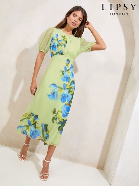 Green Floral Printed Puff Sleeve Crew Neck Midi Dress (W30713) | €87.50