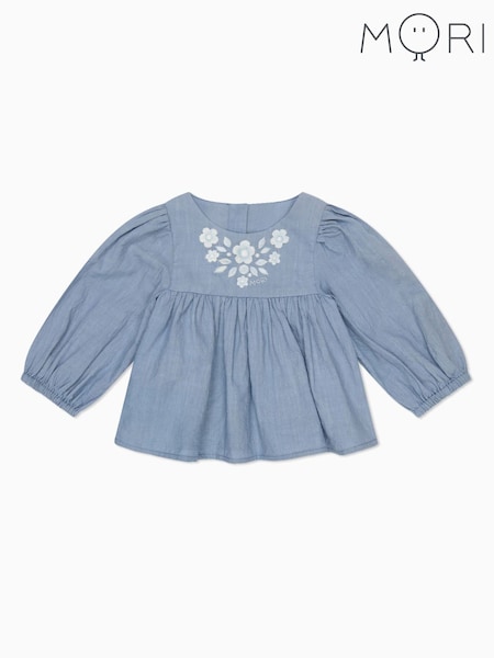 MORI Blue 100% Cotton Muslin Long Sleeve Blouse Top (W30716) | kr457 - kr485