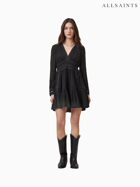 Musta - Allsaints Xanthe Pitkä hiha Mini Mekko (W30733) | €313