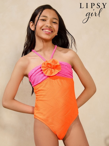 Lipsy Pink/Orange Colourblock Corsage Halter Swimsuit (5-16yrs) (W30844) | €21.50 - €32
