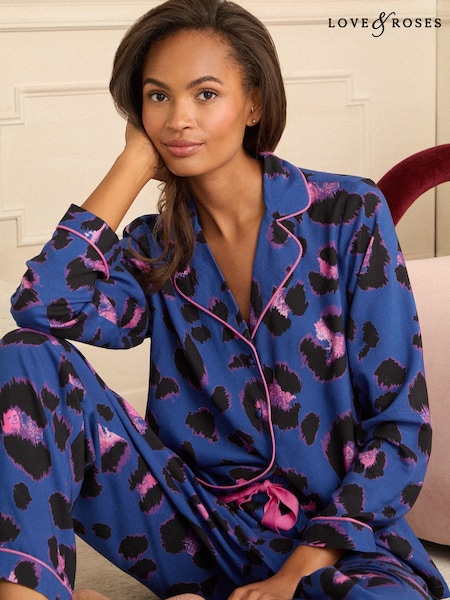 Leopardo azul - Love & Roses Button Down Pyjamas Set (W31019) | R$ 385