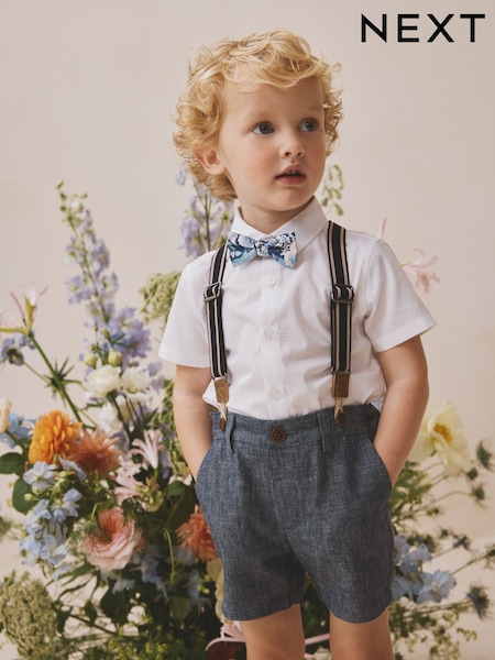 White/Blue Shirt Shorts Braces & Bow Tie Set (3mths-9yrs) (W31055) | OMR17 - OMR19
