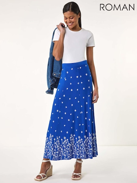 כחול עז - Roman Floral Border Print Stretch Skirt (W31080) | ‏226‏₪