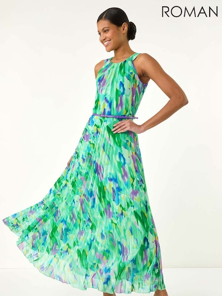 Roman Green Blurred Print Pleated Maxi Dress (W31086) | 445 QAR