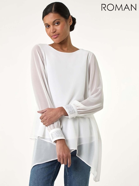 Roman White Hotfix Detail Asymmetric Hem Top (W31091) | €60