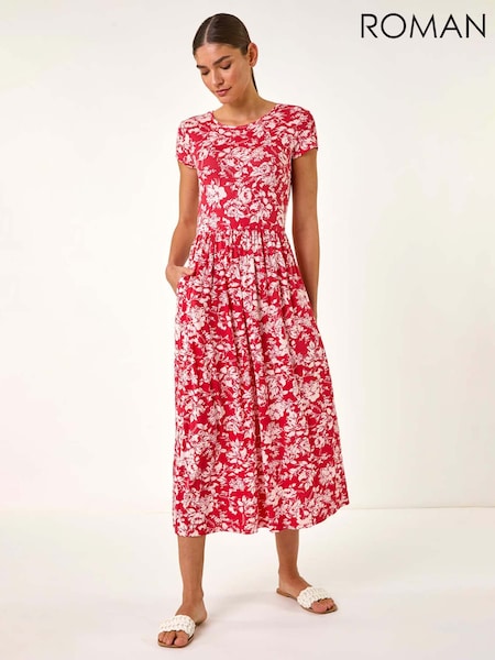 Roman Red Floral Print V-Neck Ruched Midi Dress (W31101) | €58