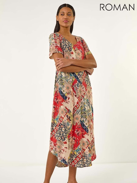 Roman Red Patchwork Print Curved Hem Midi Dress (W31103) | €58