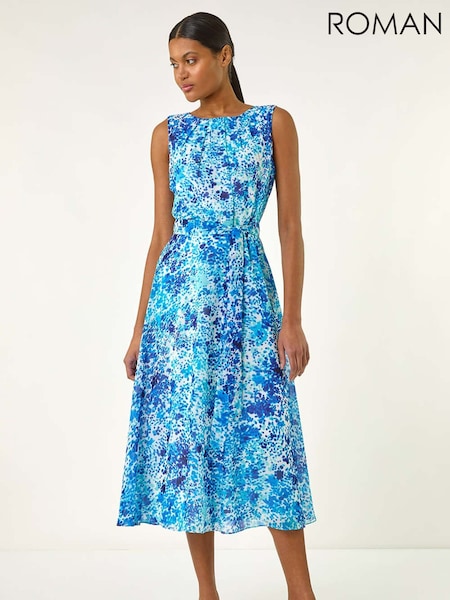 Roman Blue Spot Print Pleated Chiffon Dress (W31109) | €69