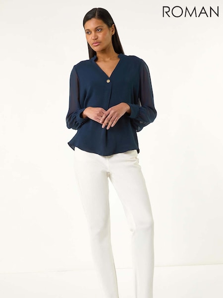 Roman Blue Chiffon Sleeve V-Neck Pleated Top (W31111) | 2,403 UAH