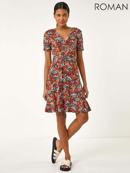 Roman Orange Floral Print V-Neck Wrap Dress (W31115) | €56