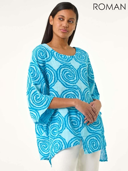 Roman Blue 100% Cotton Spiral Print Asymmetric Tunic Top (W31123) | R$ 485