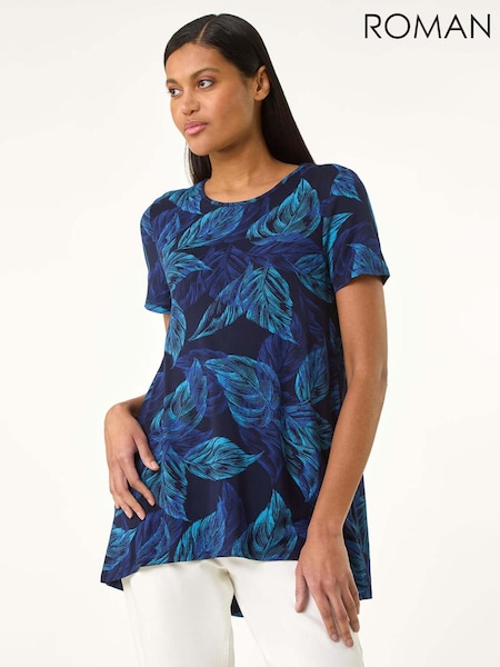 Roman Blue Leaf Print Stretch Tunic Top (W31125) | R$ 385