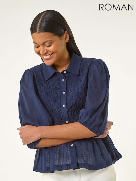 Roman Blue Shirred Printed 100% Cotton Blouse (W31126) | ₪201