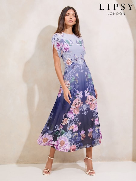 Lipsy Blue Print Ombre Floral Print Tulip Sleeve Fit And Flare Midi Dress (W31208) | OMR44