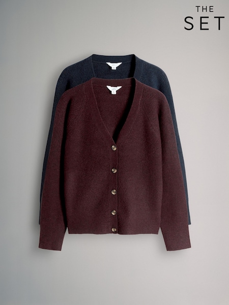 The Set Burgundy Red/Navy Blue 2 Pack Chunky Rib Knitted Cardigans With Wool (W31214) | €57