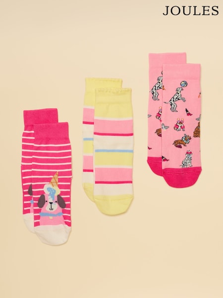 Joules Neat Feet Pink Dog 3 Pack Socks (W31257) | OMR8