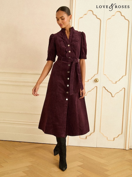 Love & Roses Cherry Red Corduroy Petite Corduroy Scallop Trim Midi Dress (W31289) | R$ 680