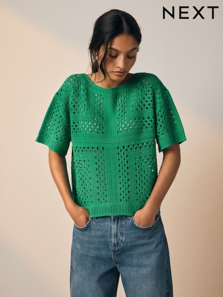 Green Short Sleeve Crochet Crew Neck T-Shirt (W31296) | €32.50