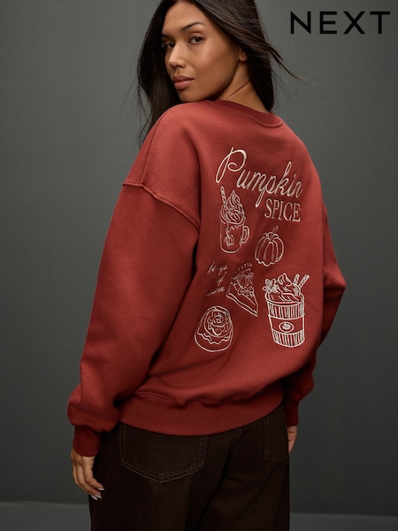 Burgundy Red Pumpkin Spice Graphic Embroidered Long Sleeve Sweatshirt (W31349) | €34