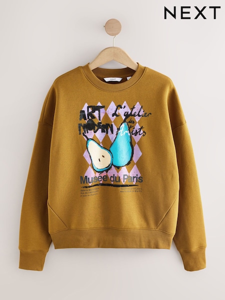 Olive Green Cotton Rich Fruit Art Graphic Longsleeve Crewneck Sweatshirt (W31353) | €38
