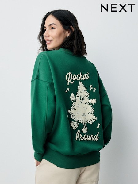 Forest Green Seasonal Christmas Graphic Christmas Tree Longsleeve Crewneck Sweatshirt (W31357) | AED109