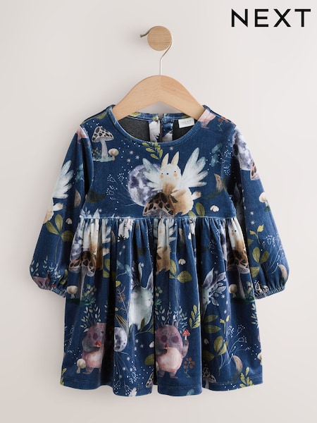 Navy Character Printed Velvet Dress (3mths-8yrs) (W31364) | €30 - €39