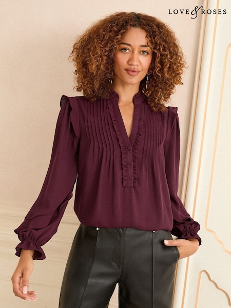 Borgonha - Love & Roses V-Neck Pintuck Detail Long Sleeve Blouse (W31416) | R$ 375
