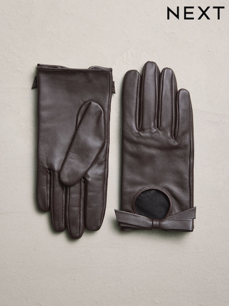Chocolate Brown Leather Bow Gloves 1 Pair (W31442) | €29