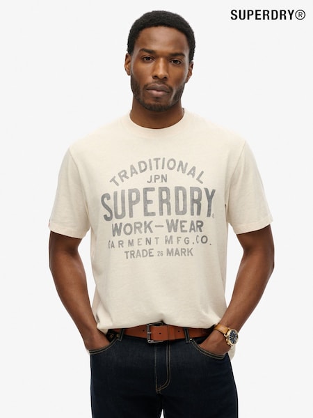 Superdry Cream Machined Goods Workwear 100% Cotton T-Shirt (W31455) | €43