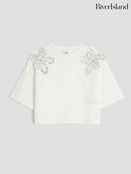 River Island Girls Embroidered Flower 100% Cotton T-Shirt (W31483) | €28