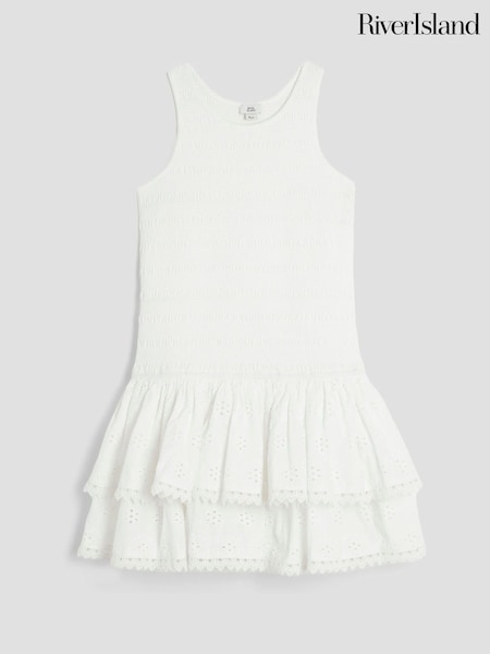 River Island White Girls 100% Cotton Shirred Broderie Rara Dress (W31487) | €26
